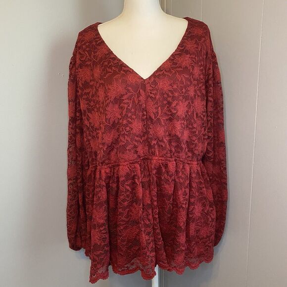 Maurices Woman’s 3X Red Lined Lace Gathered Waist Long Sleeve Blouse - Picture 1 of 9